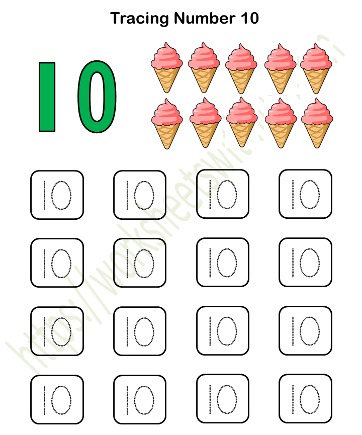 Mathematics Preschool Tracing Number 10 Color Worksheet 10